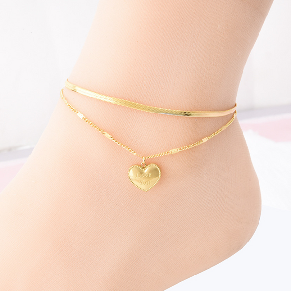 Love You Heart Shape Charm 2 Layer Snake Bone Chain Anklet For Women