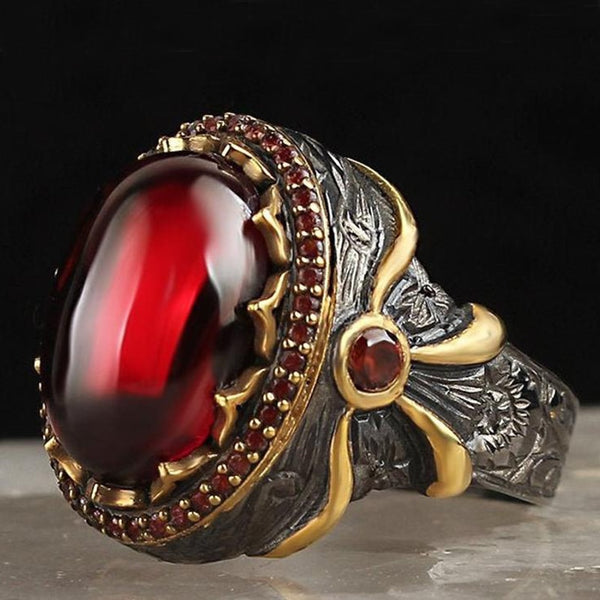 Vintage Two Tone Totem  Big Oval Red Stone Bow  Ring