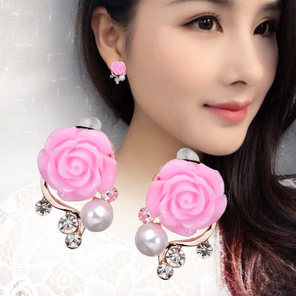 Women's rose Flower Rhinestone Shell Bead Earrings