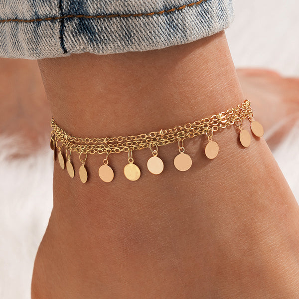 Tocona Charms Gold Wafer Tassel Anklets for Women