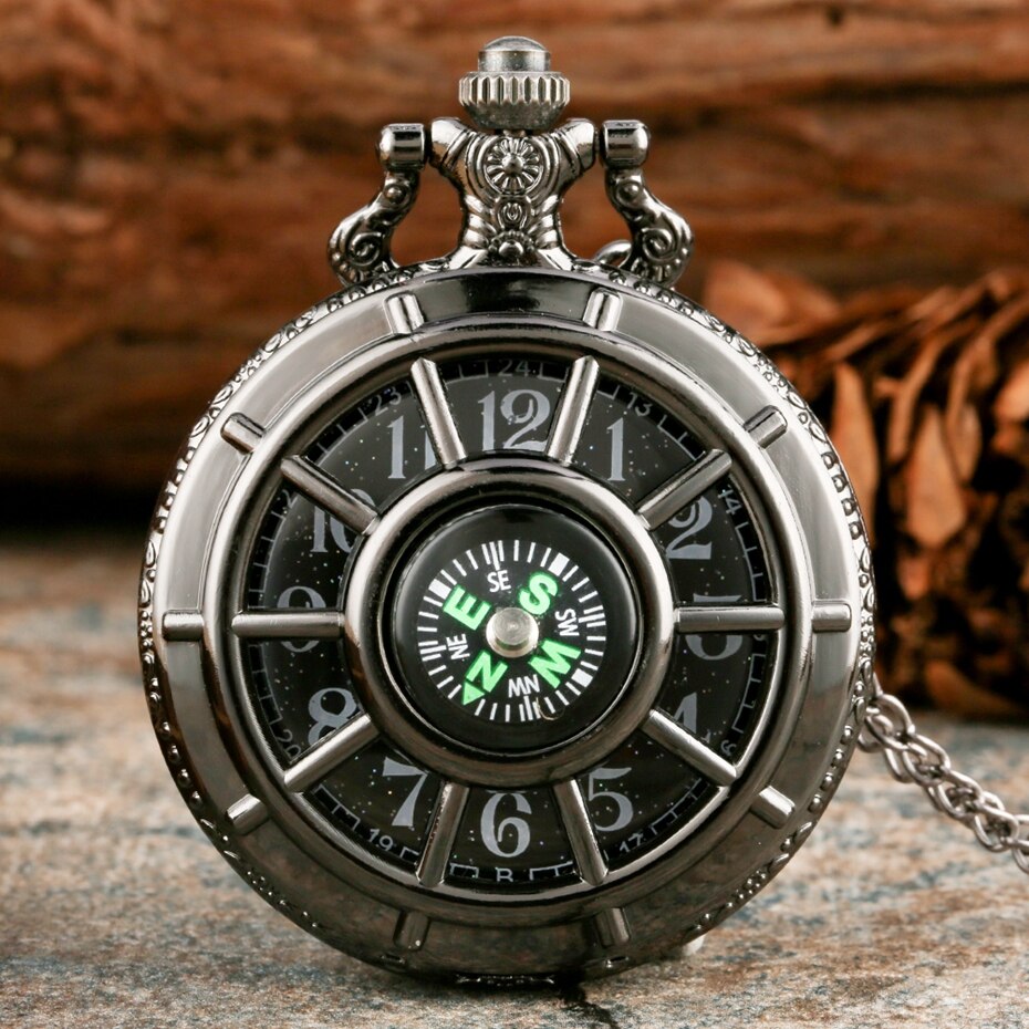 Retro Black Starry Dial Compass Design Hollow  Pocket Watch