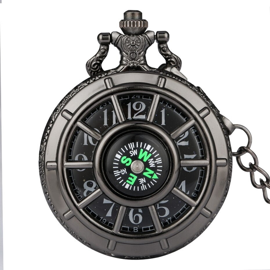 Retro Black Starry Dial Compass Design Hollow  Pocket Watch