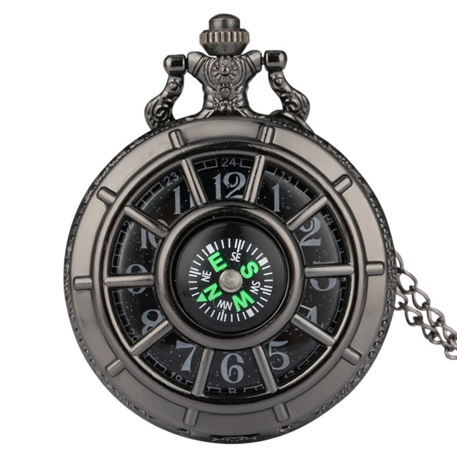 Retro Black Starry Dial Compass Design Hollow  Pocket Watch