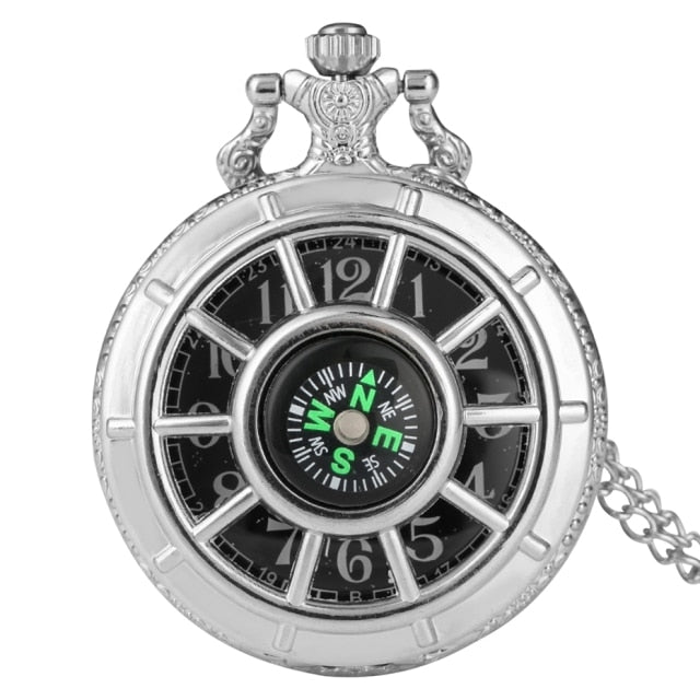 Retro Black Starry Dial Compass Design Hollow  Pocket Watch