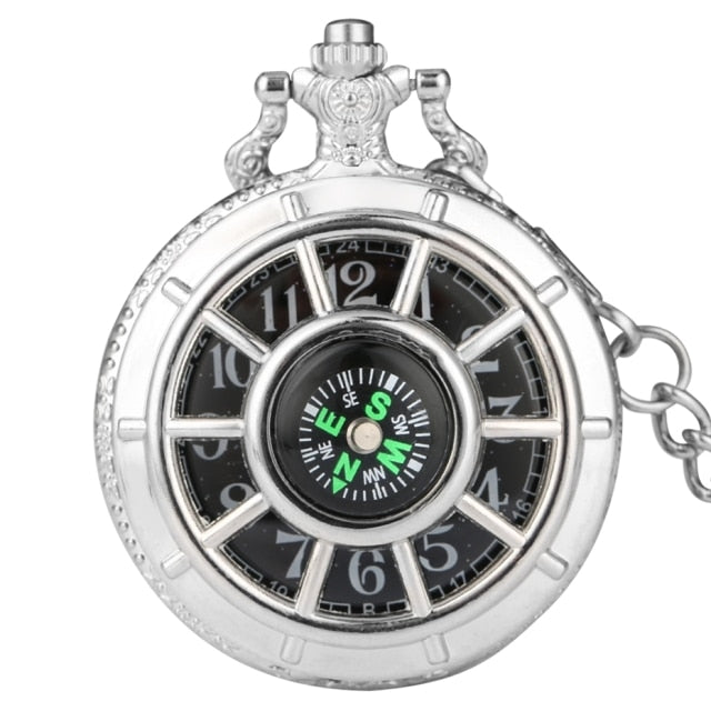 Retro Black Starry Dial Compass Design Hollow  Pocket Watch