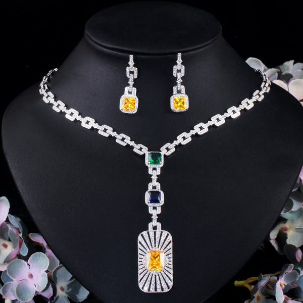 Zircons Full Cubic Zircon Multicolor Luxury Dress Necklace Earring