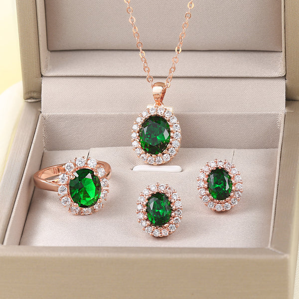 Rose Gold Color Created Green Austrian Crystal Jewelry Set