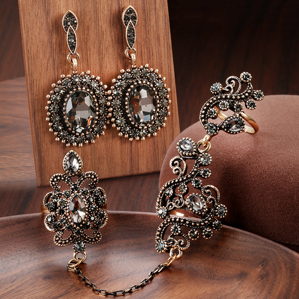 Grey Crystal Flower Ethnic Bride Wedding Rings Earring Sets For Women