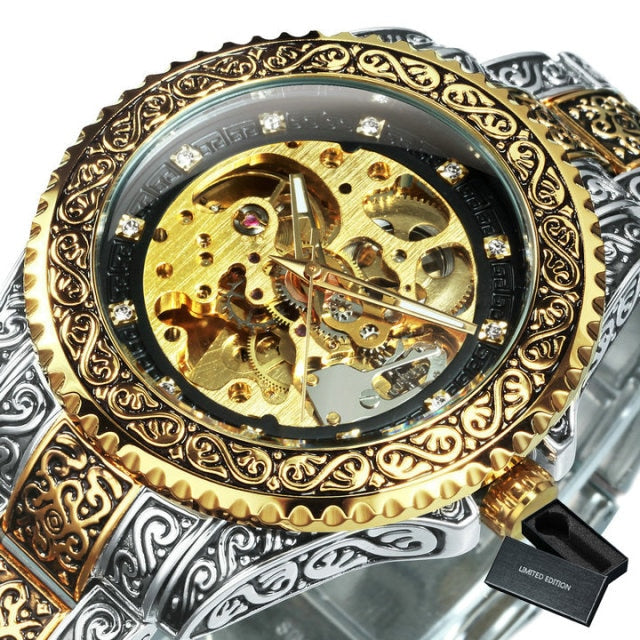 Gold Skeleton Mechanical Watch Vintage Royal  Engraved Auto Wrist Watches