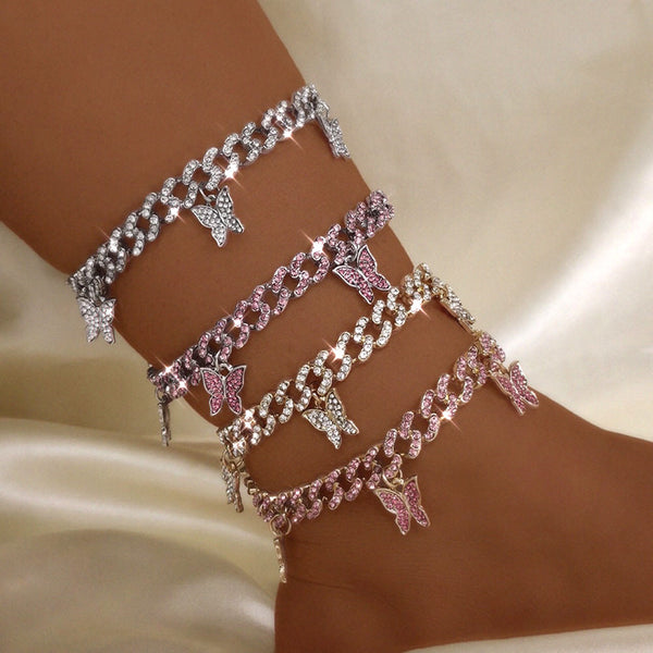 Rhinestone Cuban Link Chain Anklets for Women Punk Hip Hop Crystal Butterfly Ankle