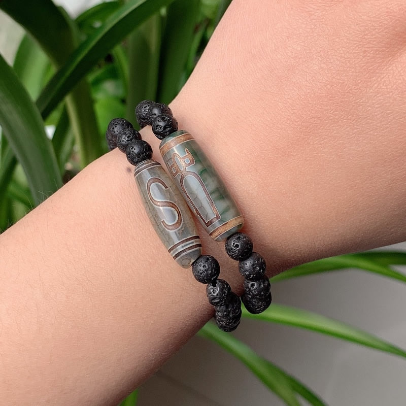 Black Lava Tibetan Dzi Agates Stone Bracelet