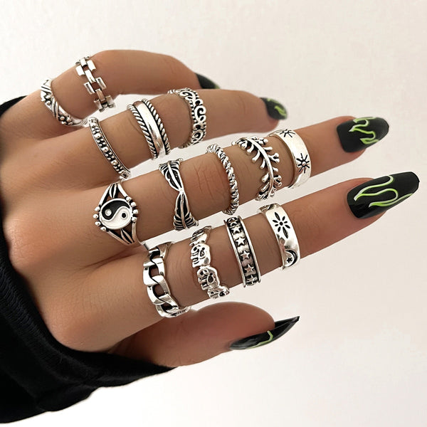 14 Pcs/Set Neo-Gothic Mixed Yin Yang Figure Feather Elephant Star Moon Sun Ring