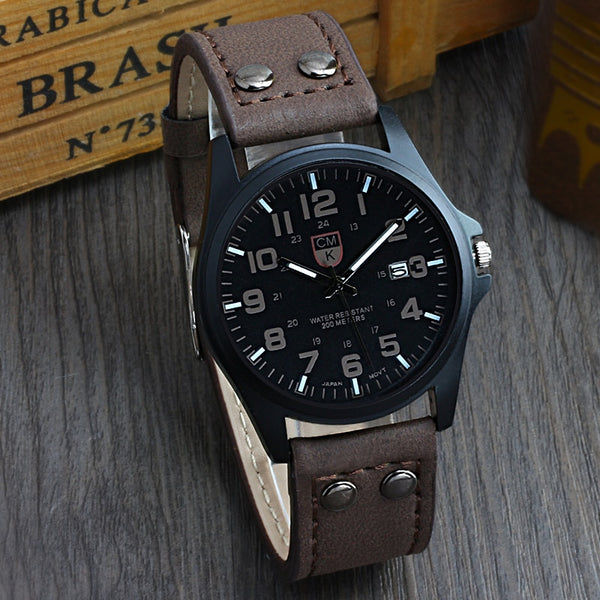 Men's Date Leather Strap watches Sport Quartz Military Wristwatch