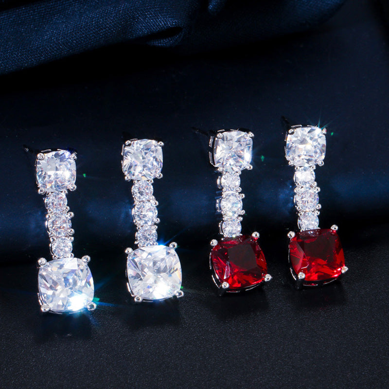 Red Round CZ Drop Earrings Necklace Set