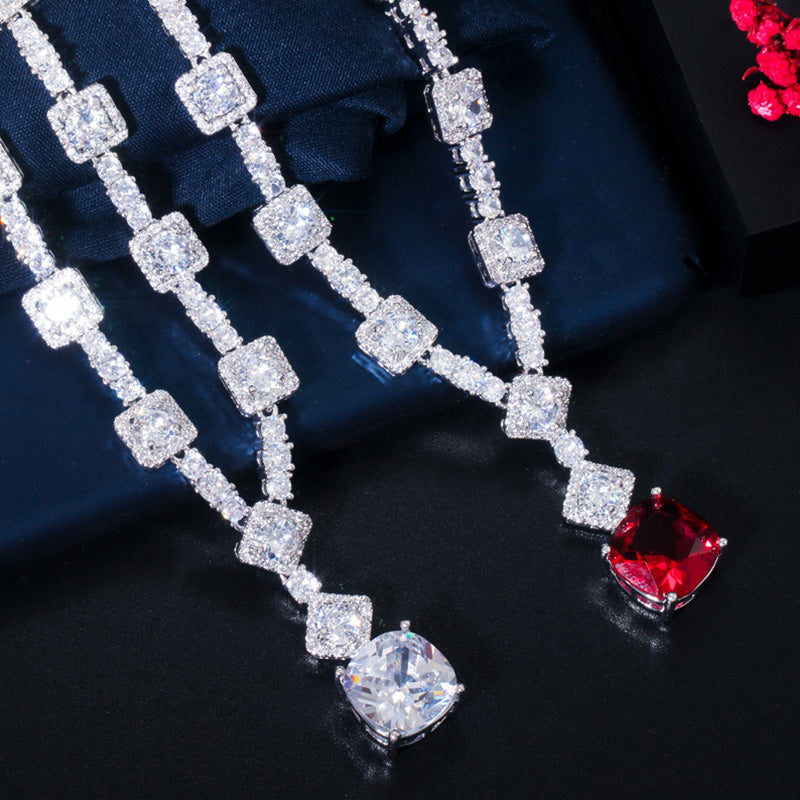 Red Round CZ Drop Earrings Necklace Set