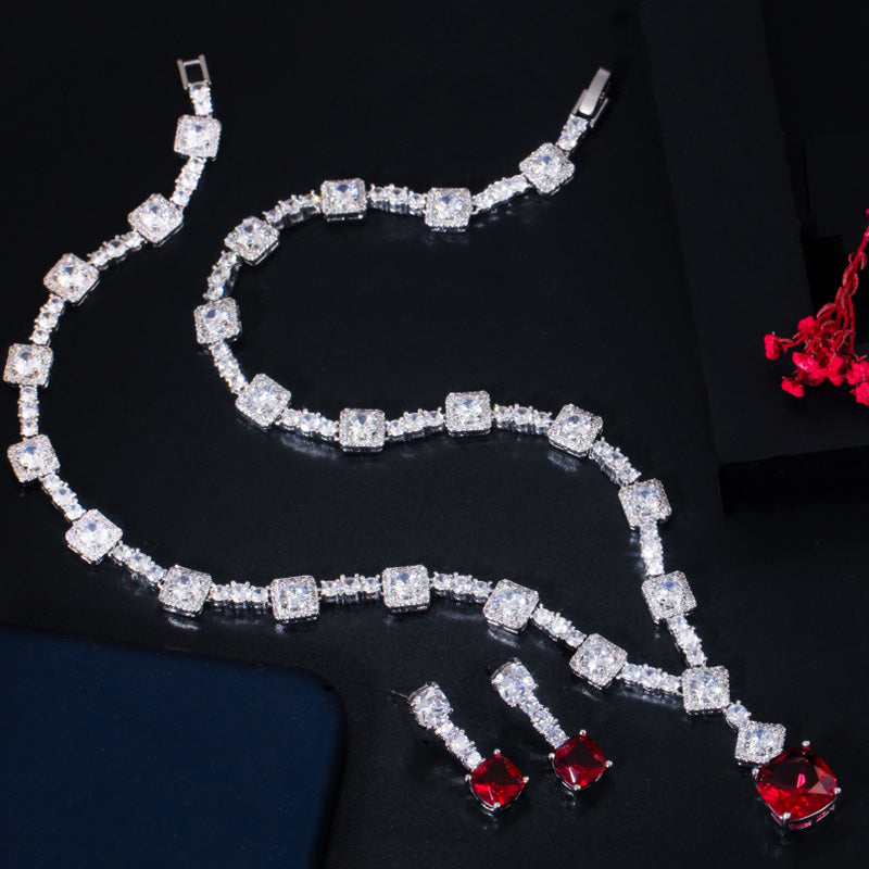 Red Round CZ Drop Earrings Necklace Set