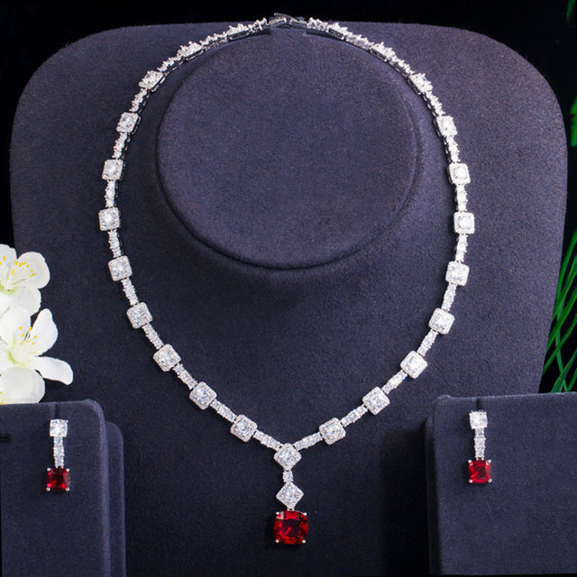 Red Round CZ Drop Earrings Necklace Set