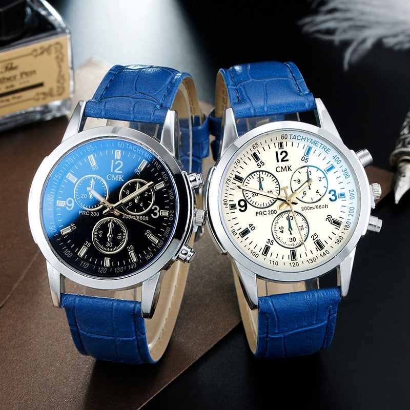 Mens Watches Casual Luxury Leather strap Men Blue Ray Glass Quartz Watch