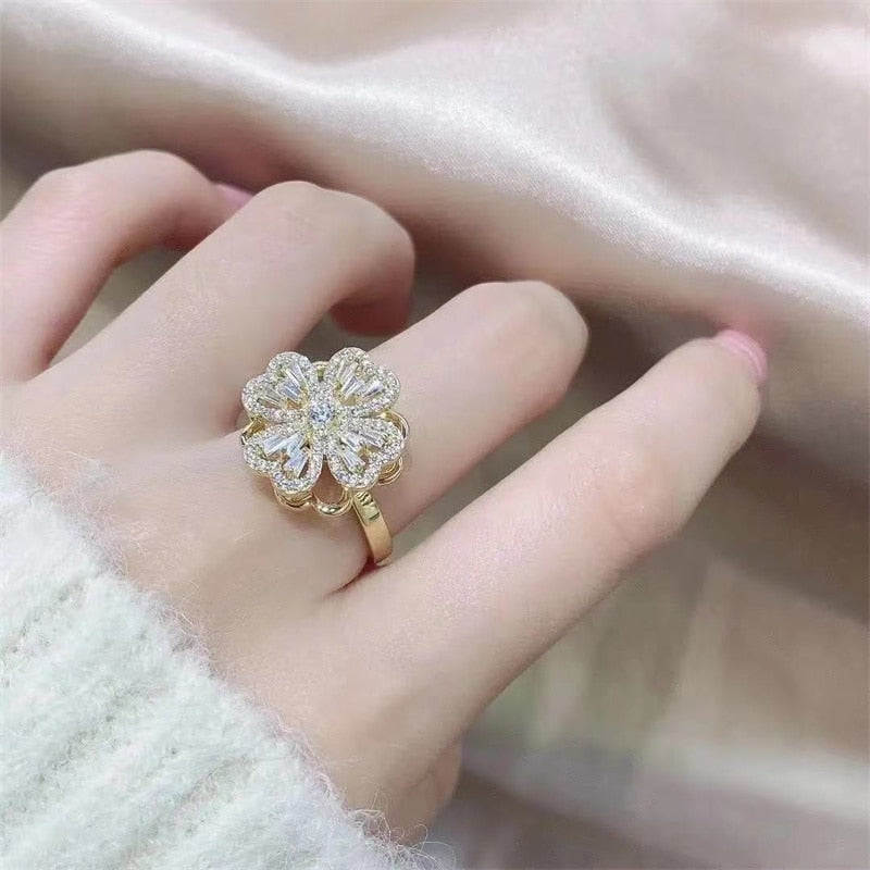 Fashion Luxury Rotatable Four-leaf Clover Windmill Inlaid Full Zircon Ring