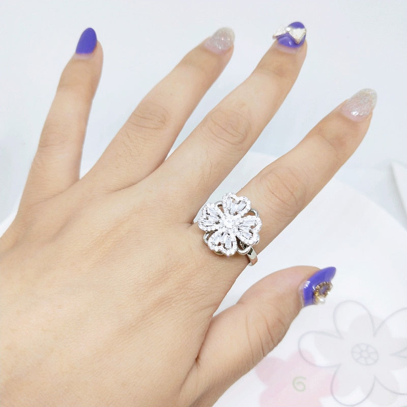 Fashion Luxury Rotatable Four-leaf Clover Windmill Inlaid Full Zircon Ring