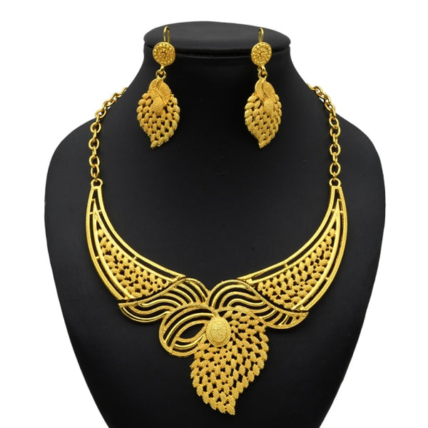 24K Gold Jewellery Bridal Indian Dubai Luxury Necklace And Earrings Sets