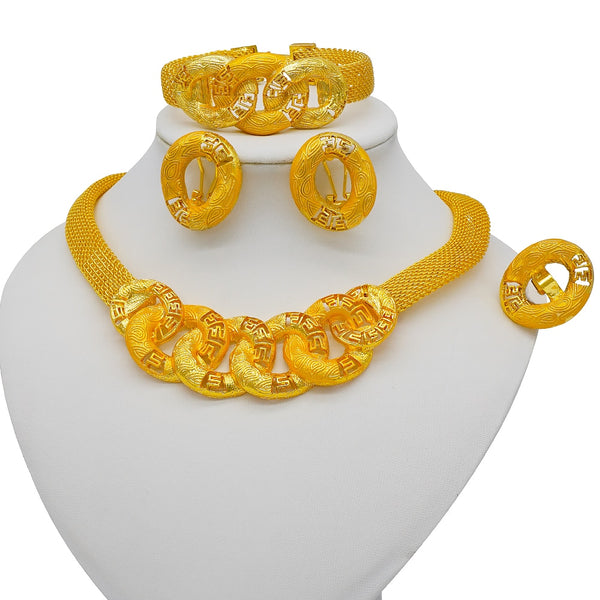 24K Gold Color  Bridal Luxury Necklace Earrings Bracelet Ring Set