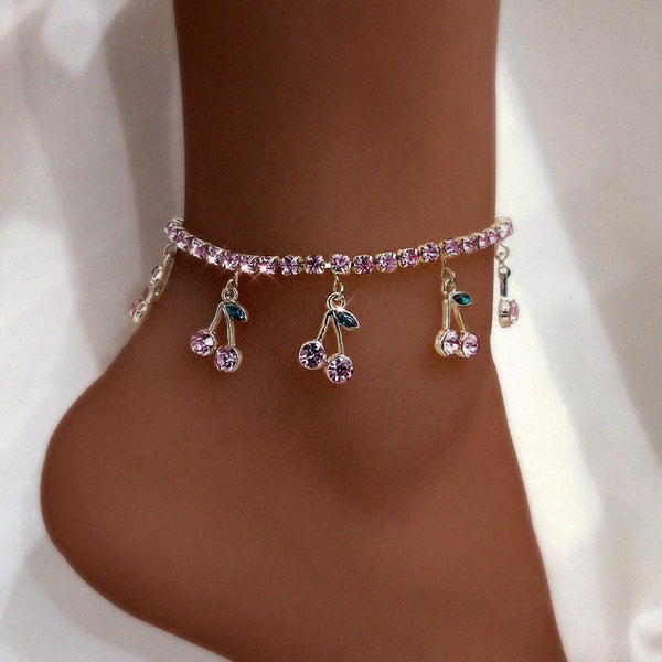 Trendy Red Big Rhinestone Cherry Anklet Bracelet For Women