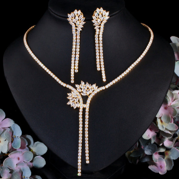 Zircons Dubai CZ Stone Long Dangle Drop Bridal Tassel Earring Necklace Set