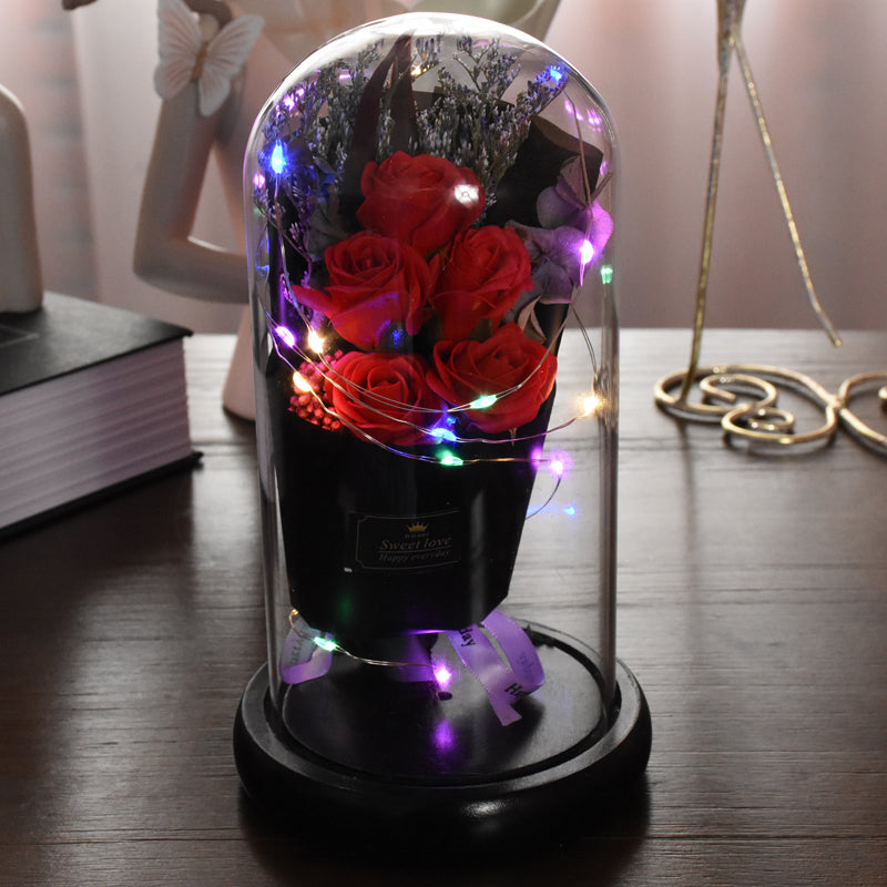 Eternal Red Rose With LED Light In Glass Dome For Wedding  Party  Gift