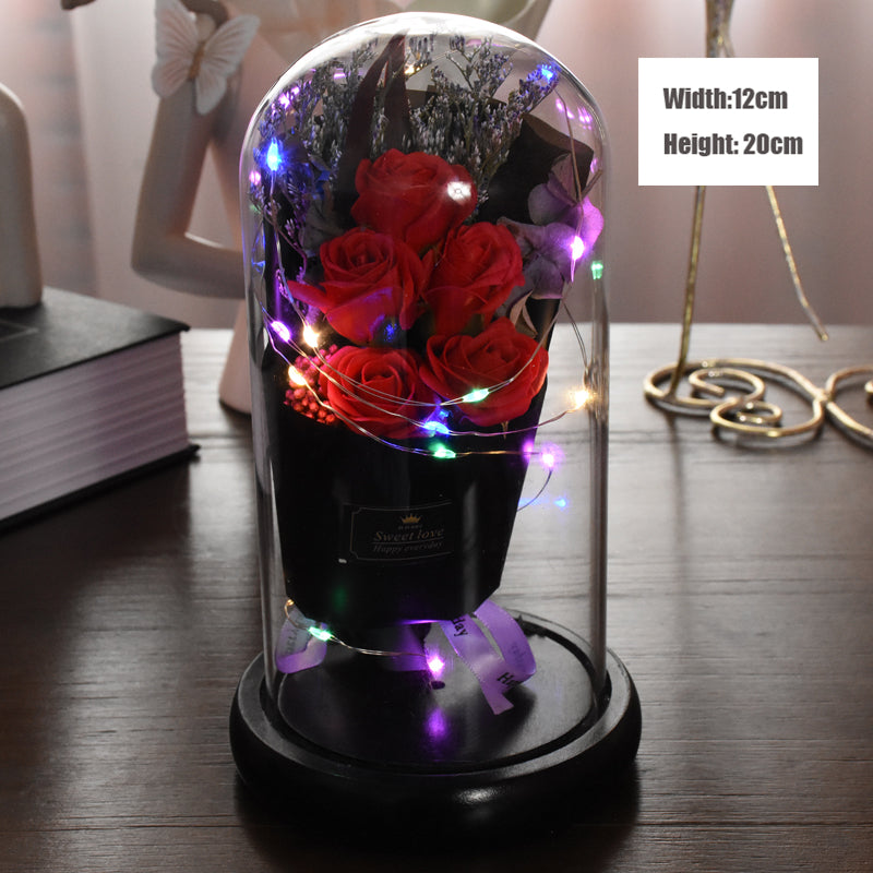 Eternal Red Rose With LED Light In Glass Dome For Wedding  Party  Gift