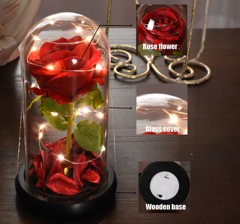 Eternal Red Rose With LED Light In Glass Dome For Wedding  Party  Gift