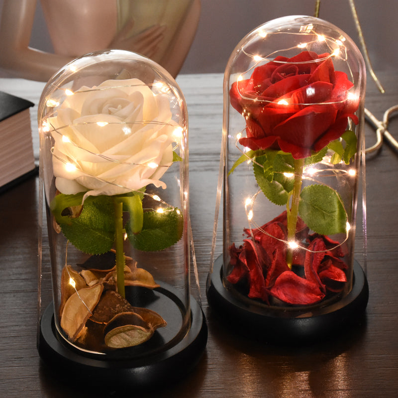 Eternal Red Rose With LED Light In Glass Dome For Wedding  Party  Gift