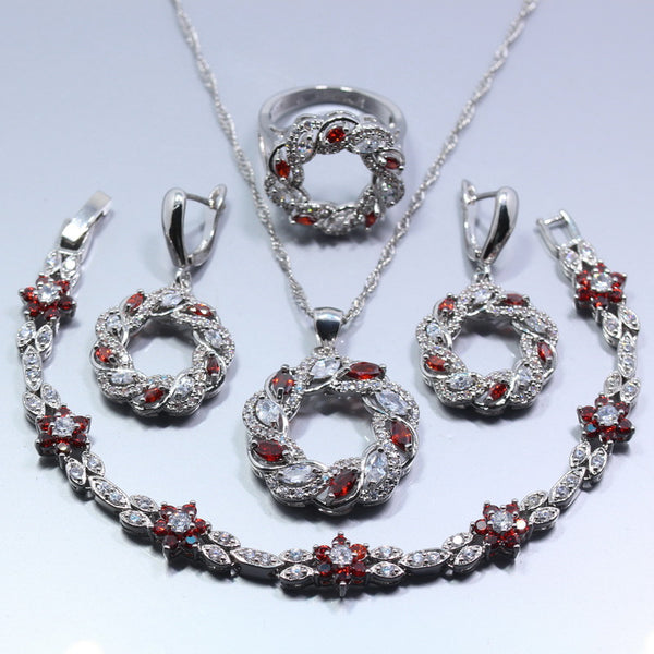 Silver Color Four Piece Round Red Rhodolite Ring Jewelry Set