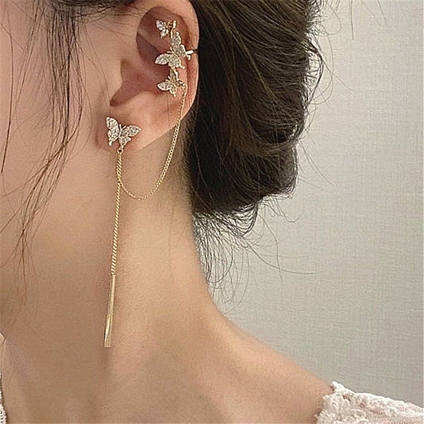 1 Pair Hollow Out Cz Butterfly Long Tassel Chain Ear Cuff