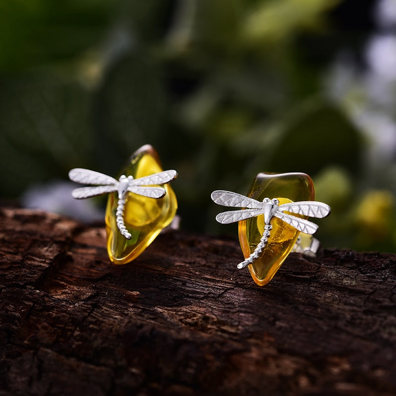 925 Sterling Silver 18K Gold Cute Dragonfly Stud Earrings