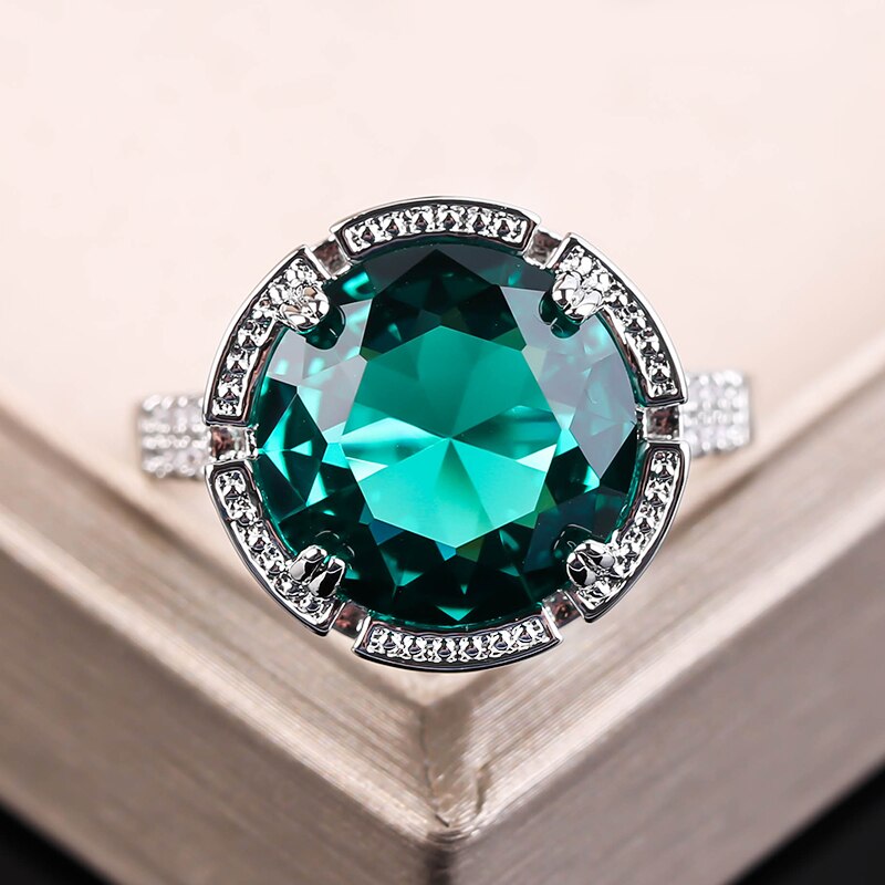 Luxury Bright Round Ring Green Stone  Charm Silver Color Rings