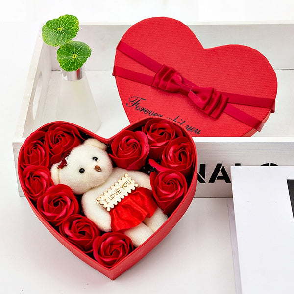 10pcs Soap Artificial Rose Flowers Bear Bouquet Heart Gift Box