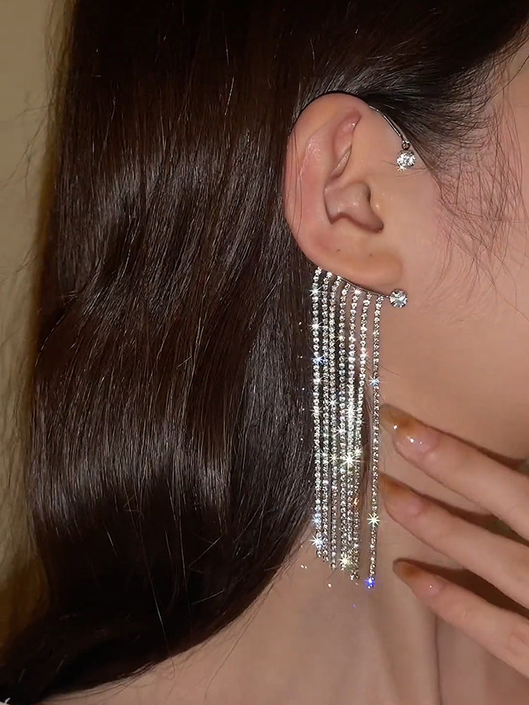 Luxury Shining Zircon Inlaid Rhinestone Long Tassel Ear Bone Clip Earring