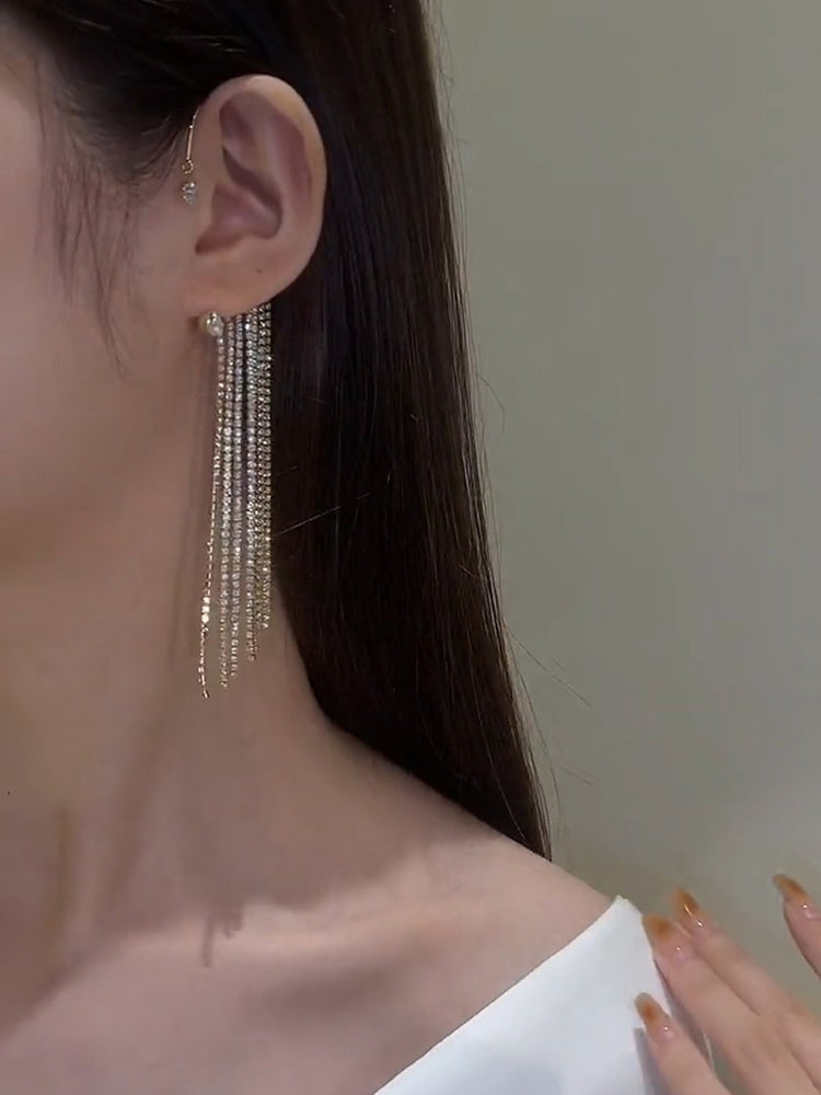 Luxury Shining Zircon Inlaid Rhinestone Long Tassel Ear Bone Clip Earring