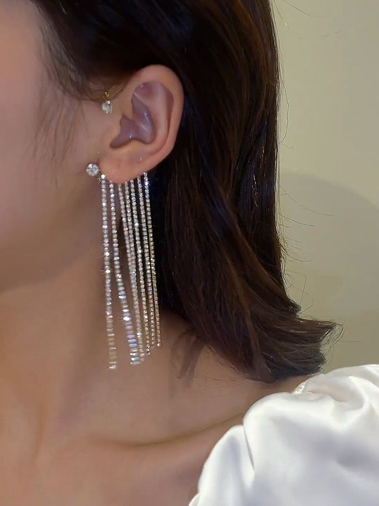 Luxury Shining Zircon Inlaid Rhinestone Long Tassel Ear Bone Clip Earring