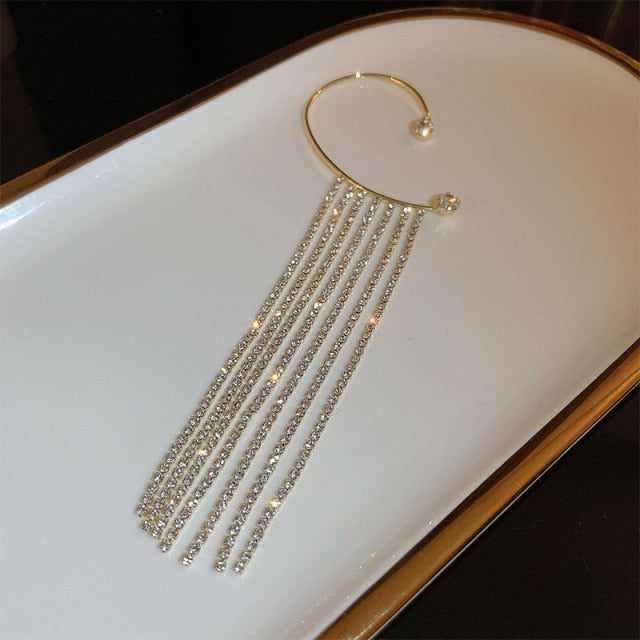 Luxury Shining Zircon Inlaid Rhinestone Long Tassel Ear Bone Clip Earring