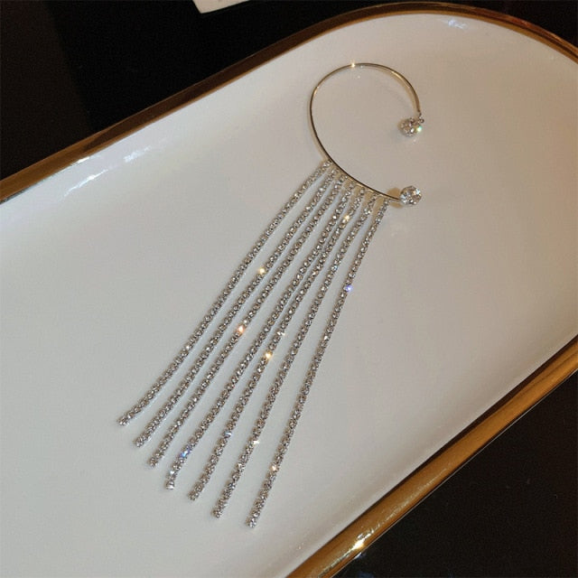 Luxury Shining Zircon Inlaid Rhinestone Long Tassel Ear Bone Clip Earring