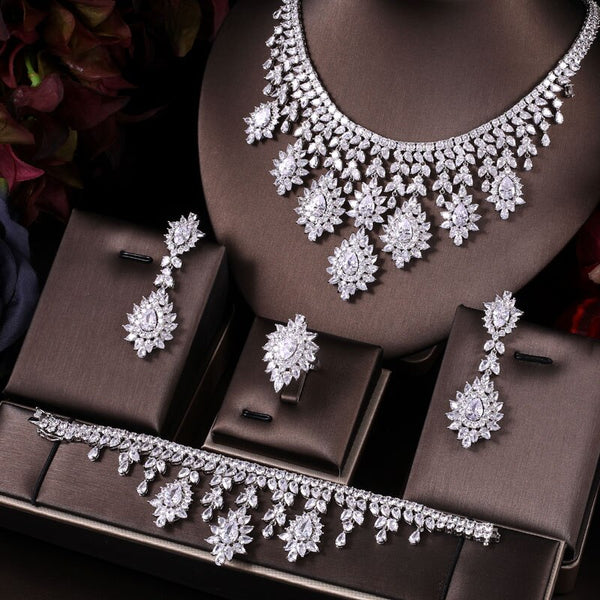 Wedding Necklace Earrings Accessories Cubic Zirconia Flower Jewelry Sets