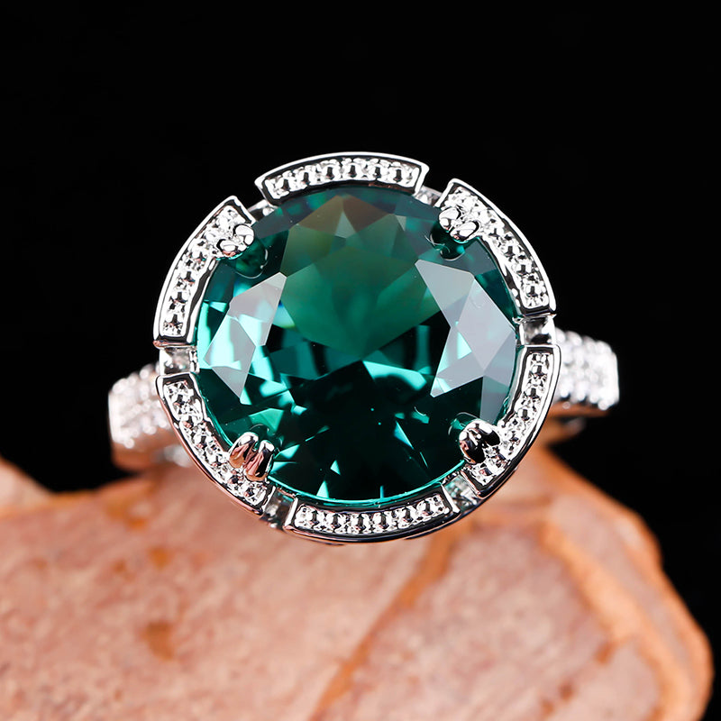 Luxury Bright Round Ring Green Stone  Charm Silver Color Rings