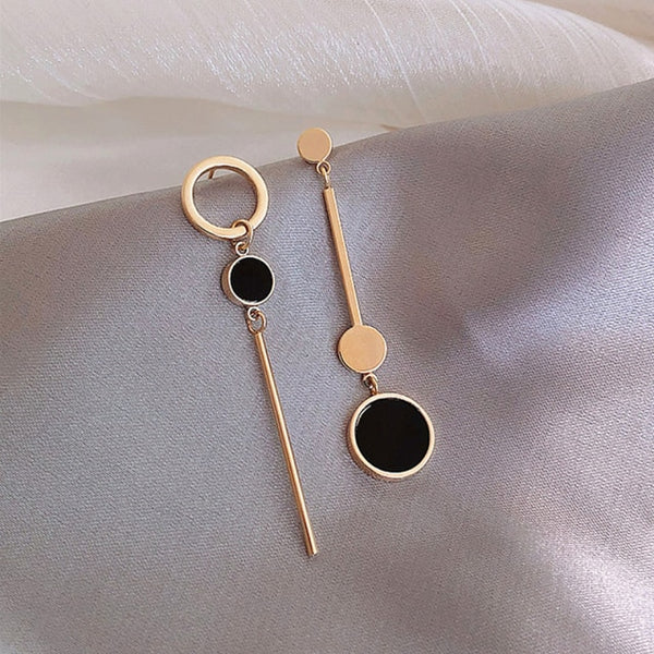 Long Statement Asymmetry Round Geometric Rectangle Black Crystal Earrings