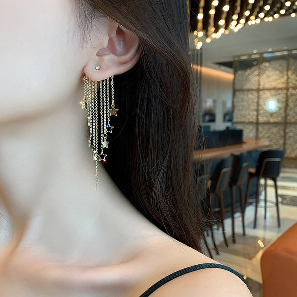 Golden five-pointed star tassel earrings