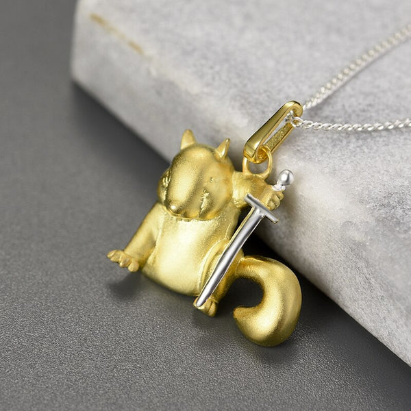 18K Gold Cute Squirrel Pendant Real 925 Sterling Silver Animal  Choker Necklaces