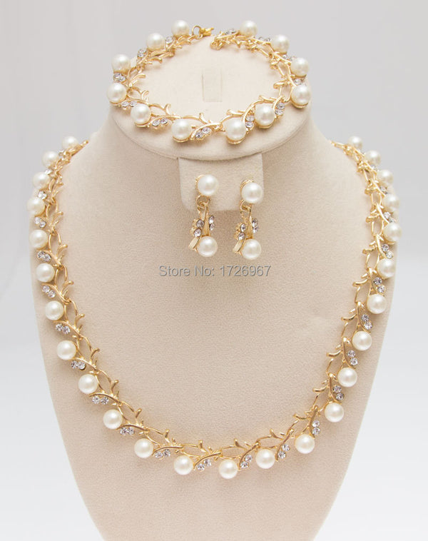 Classic Imitation Pearl Gold /Silver Plated Clear Crystal  Jewelry Sets