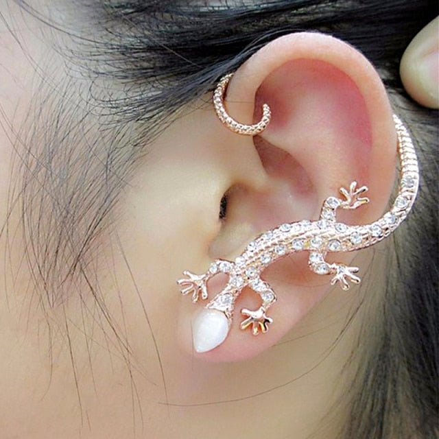 luxury Rose Gold Color Exaggerated Gecko Lizards Earrings Elegant Metal Cat Ear Clip