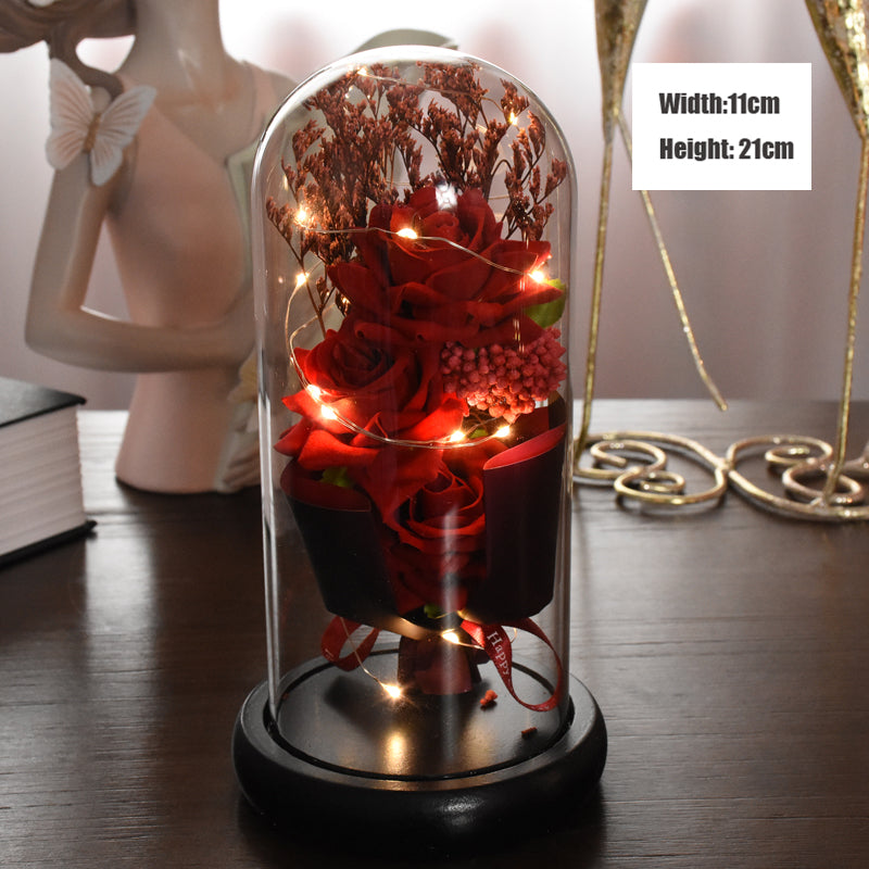 Eternal Red Rose With LED Light In Glass Dome For Wedding  Party  Gift